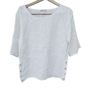 Lungo L' Arno Med White Floral Embroidered 100% Linen Tunic Italy Lagenlook